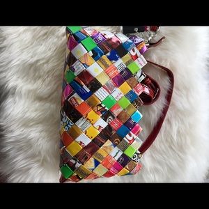 Women NWT Woven Recycled candy wrappers handbag Clutch Christmas Present